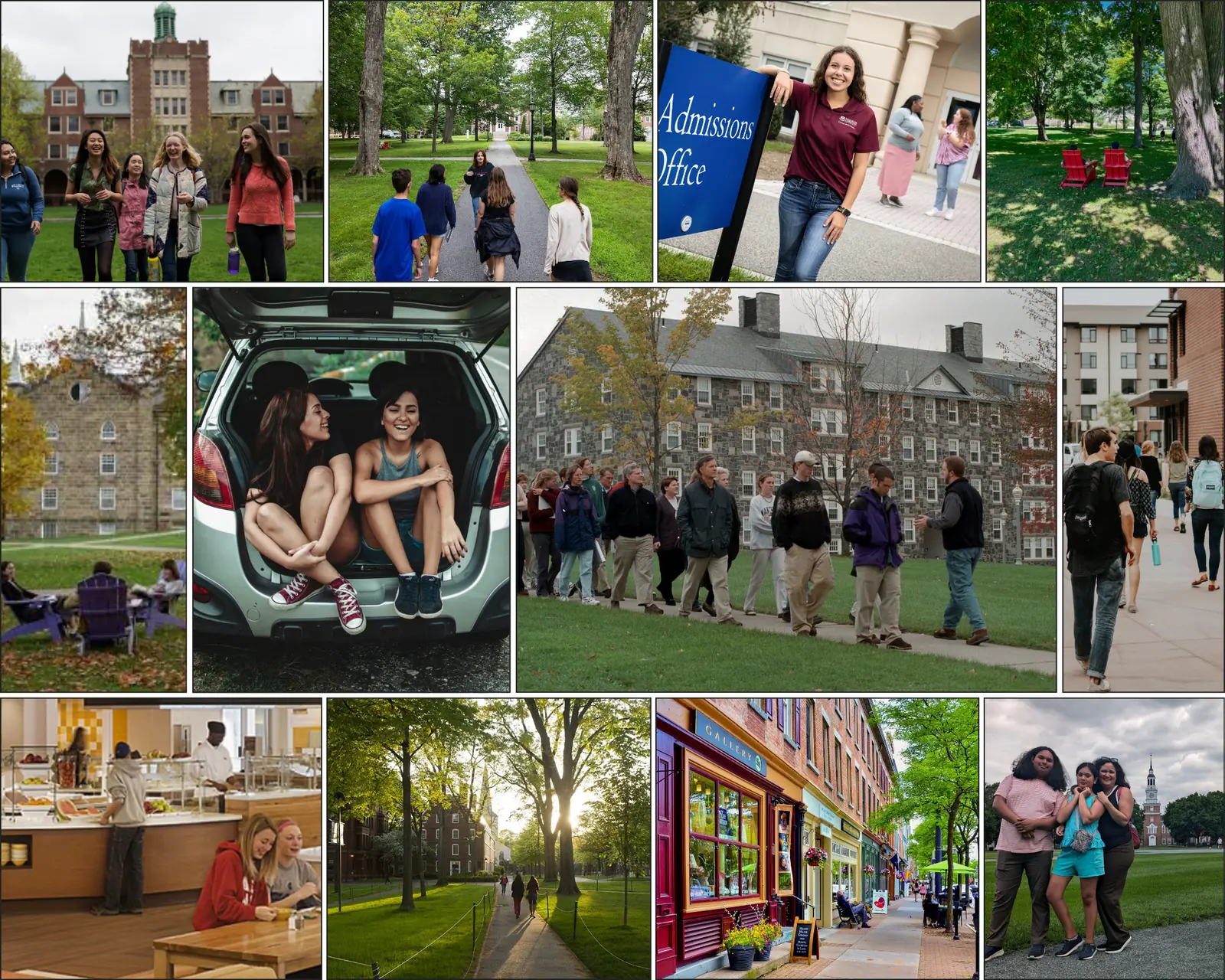 Photo montage of college campus visits: students on guided tours, an admissions office, residence halls, a dining hall, a packed car and a college town main street